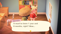 A screenshot of animal crossing new horizon of a villager saying 'It must've been 1 year and 6 months, right? Wow...' 