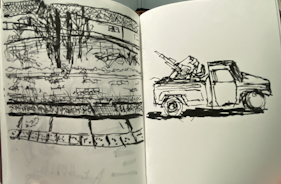 On the left: drawing of view while seating at a train station, on the right: drawing of a toyota hilux