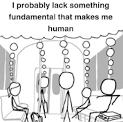 A group of figures on the train all with a thought bubble that says 'I probably lack something fundamental that makes me human' 
