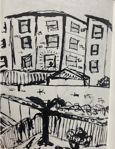 drawing of the view while outsie my window of a silhouette in the building facing mine